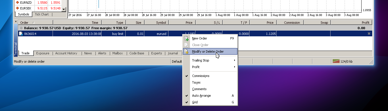 pending orders context menu