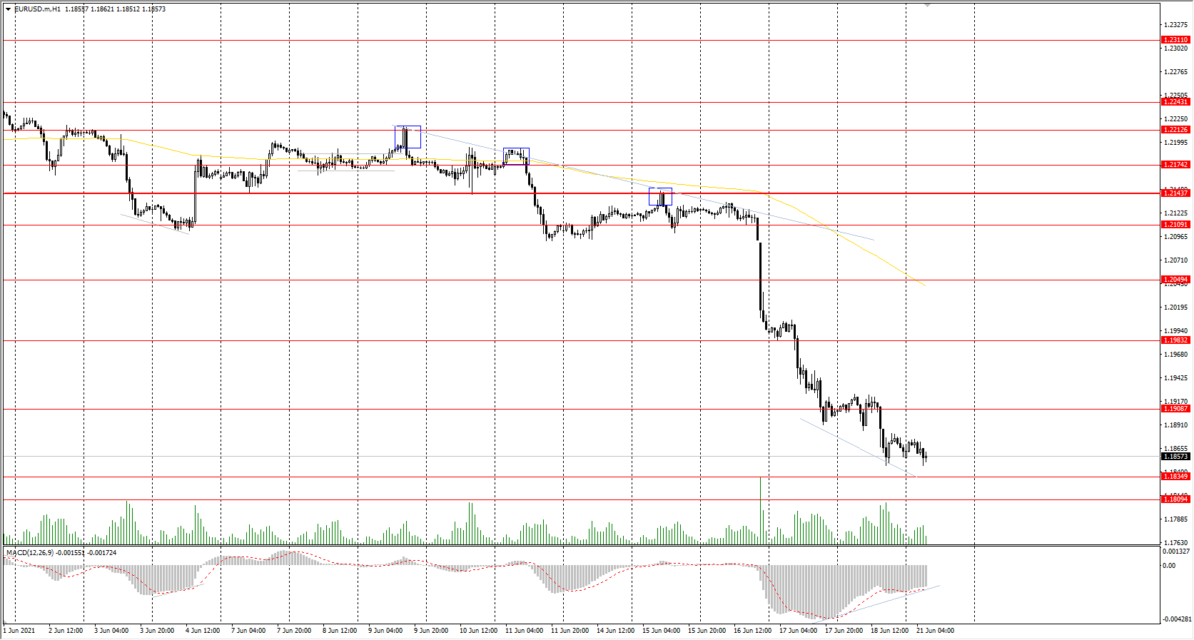  The EUR/USD currency pair decreased by&#160;0.37%. Buyers' reaction is still very weak, but now the price has approached the global support of the higher timeframe. Furthermore, the vertical volumes have decreased, indicating that the sellers are not so active anymore. 