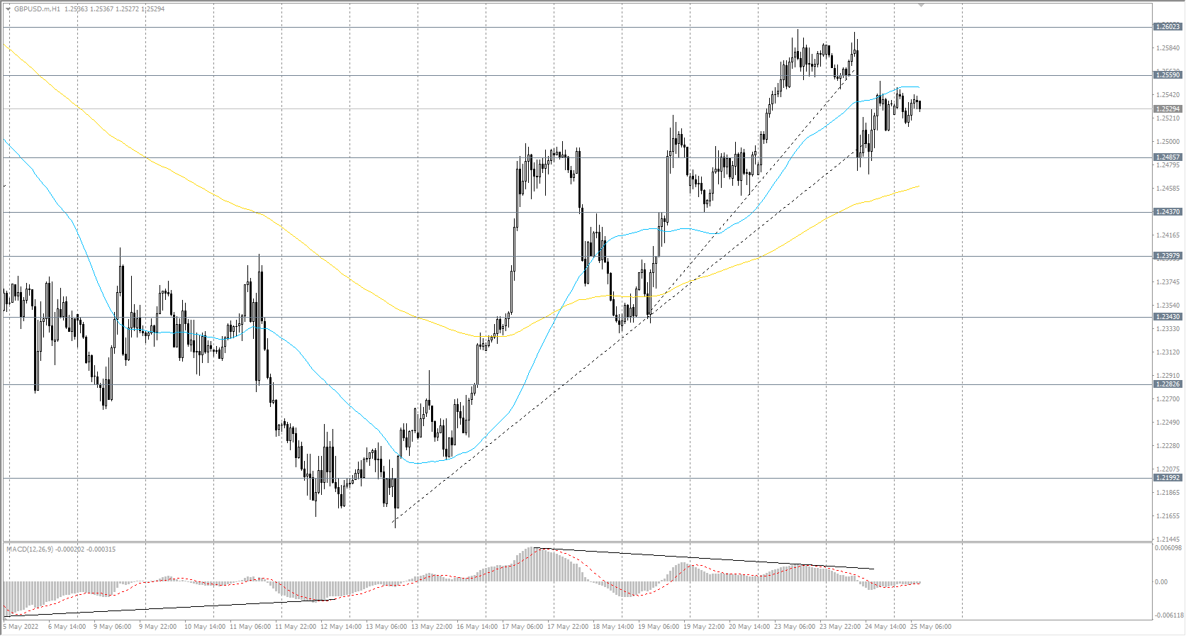 The GBP/USD currency pair trend is bullish on the hourly time frame. The MACD indicator has become positive, but the divergence is increasing, which indicates the weakness of the buyers. Under such market conditions, buy deals may be considered from the support level of 1.2437, but only with additional confirmation. Sell deals should be looked for from the resistance level of 1.2559, but with confirmation in the form of sellers' initiative.